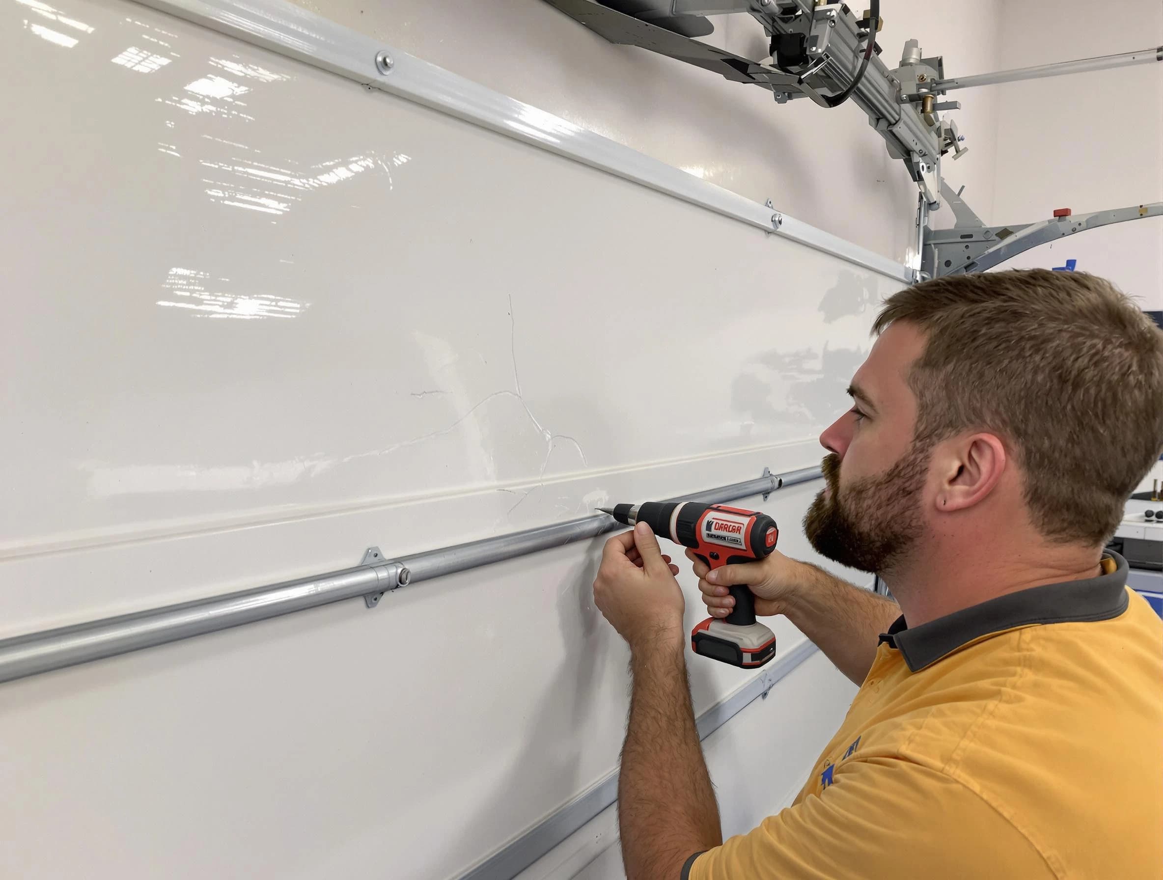 Brighton Garage Door Repair expert performing dent repair on garage door in Brighton