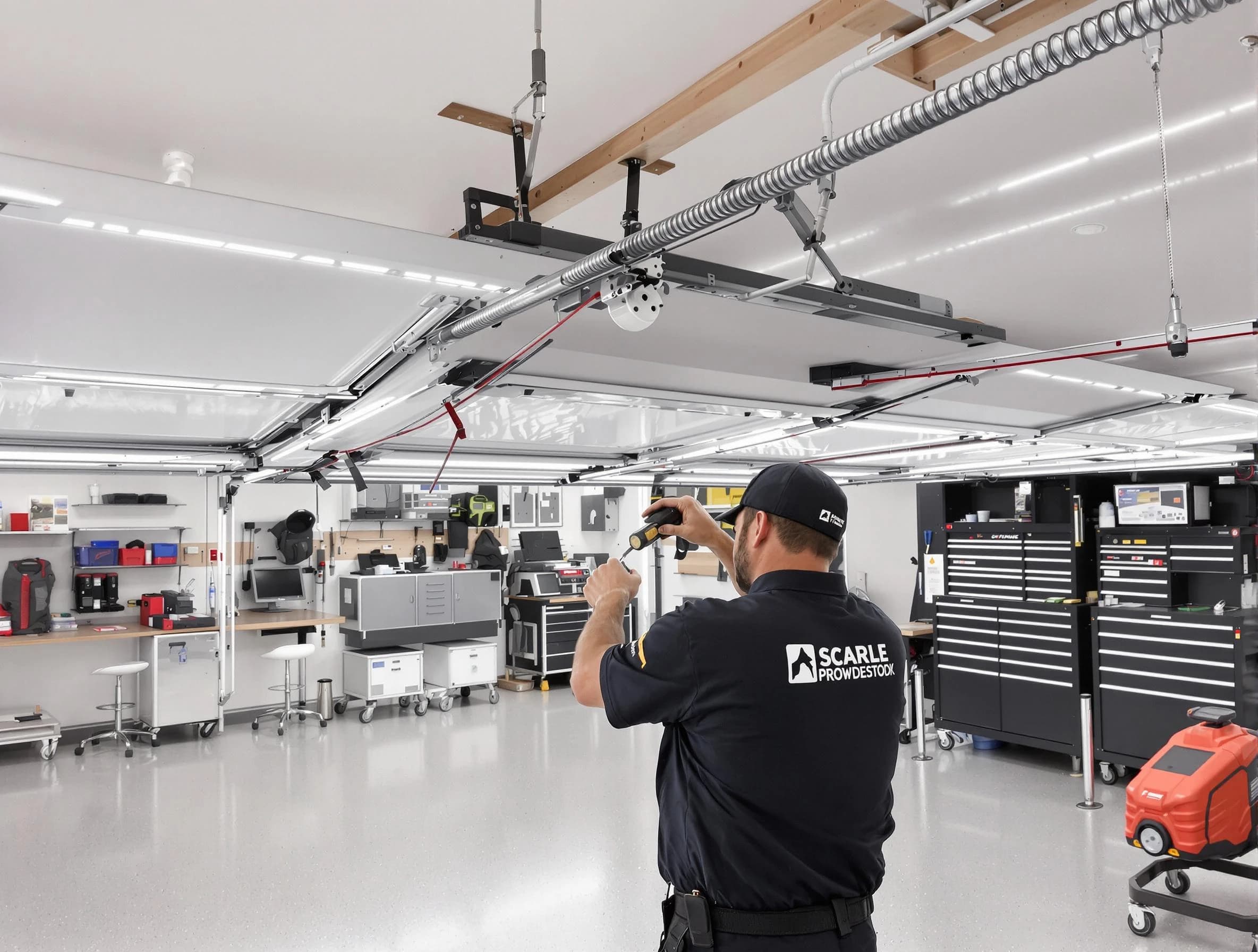 Brighton Garage Door Repair technician repairing overhead garage door in Brighton